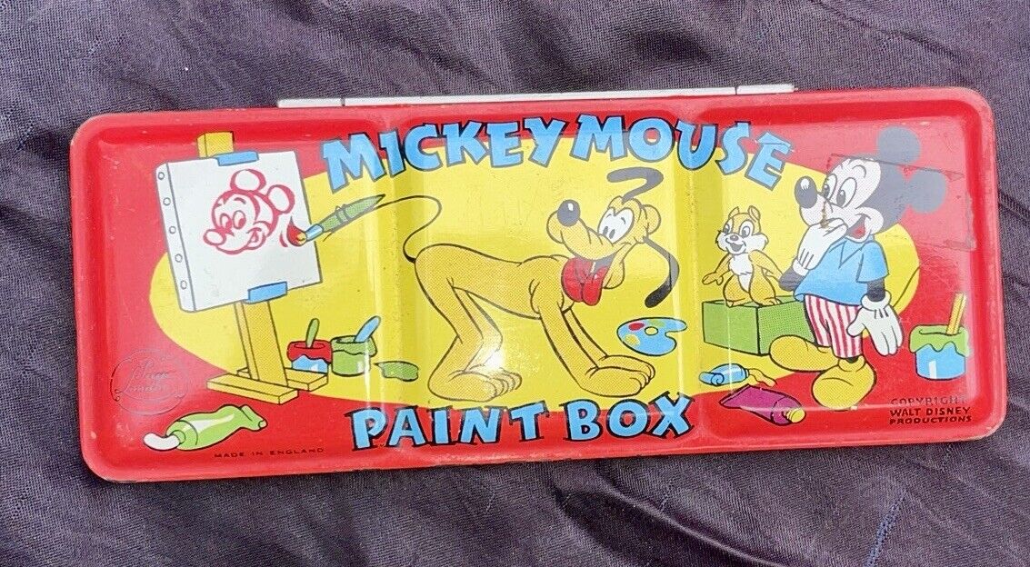 Vintage Mickey Mouse Walt Disney Tin Watercolor Paint Box Made In England