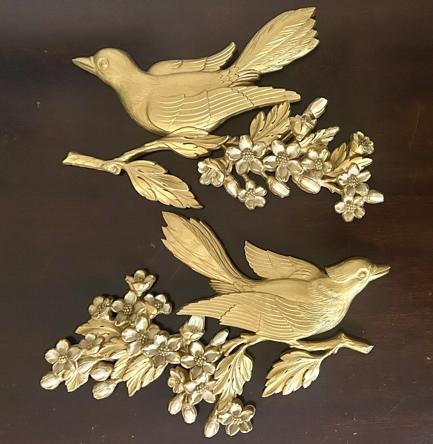 Vintage Gold Wall Art Doves Birds Floral MCM Hanging Plaque 1967 Syroco Flower