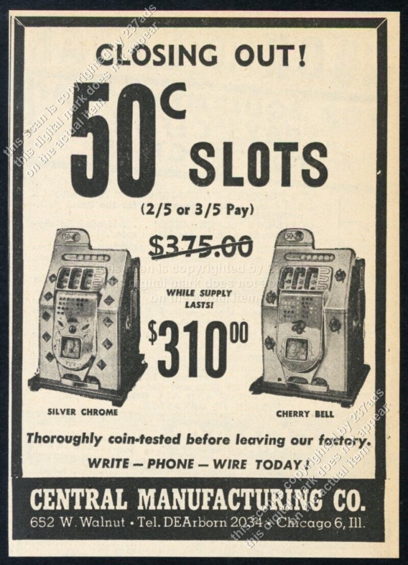 1946 Central slot machine Silver Chrome & Cherry bell photo vtg trade print ad