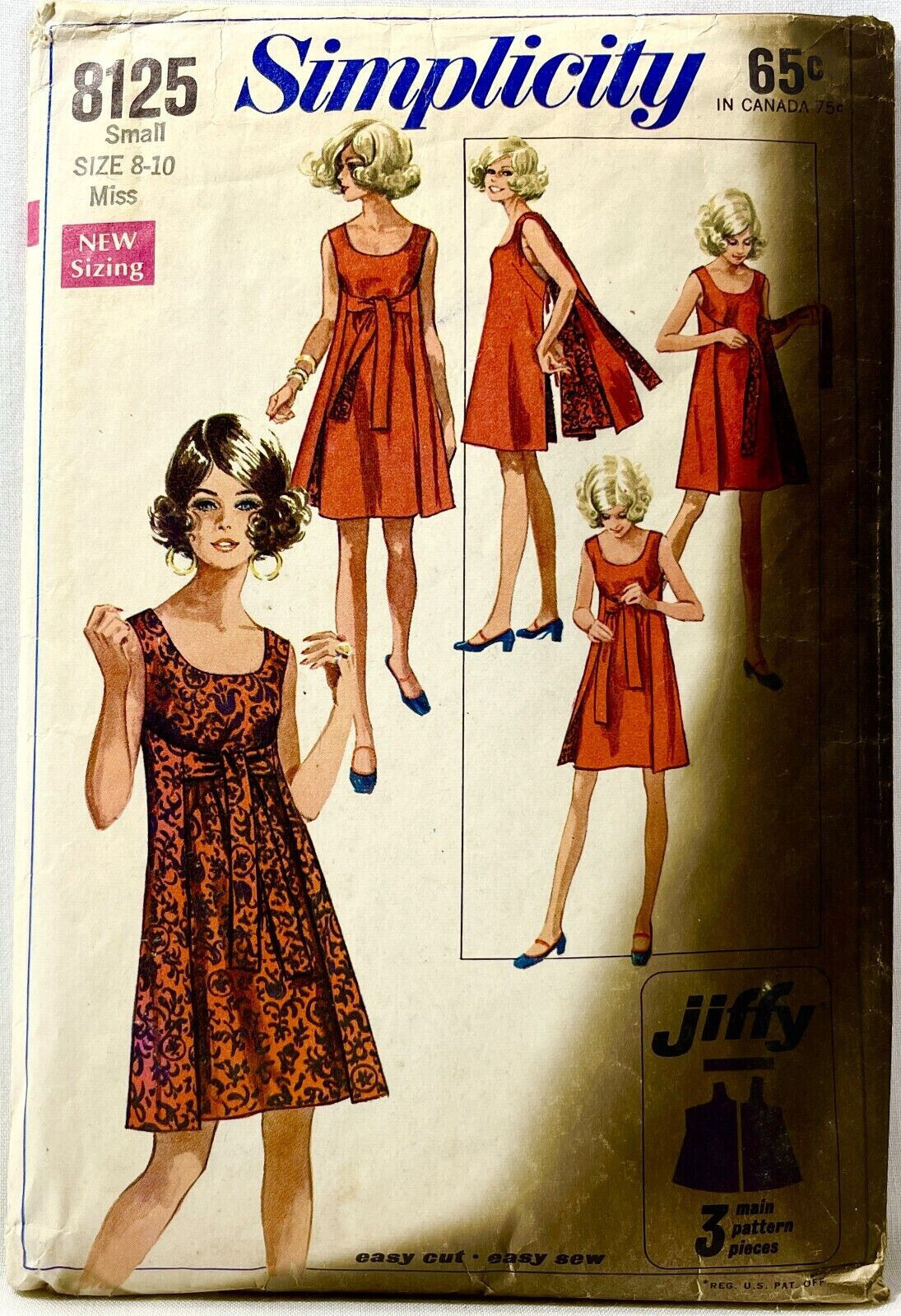 1969 Simplicity Sewing Pattern 8125 Womens Reversible Dress Sz 8-10 Vintag 12894