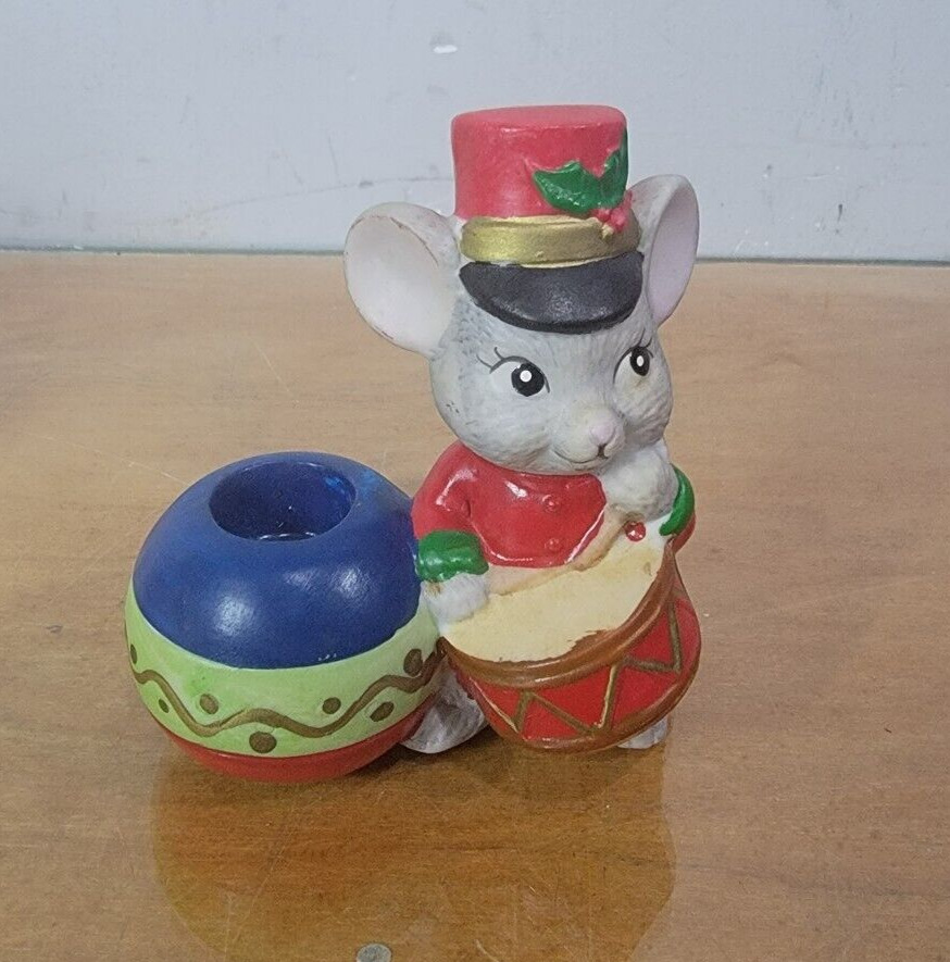 Christmas Candle Holder Vintage JSNY Holiday Friends White Bisque Mouse Drum VGT