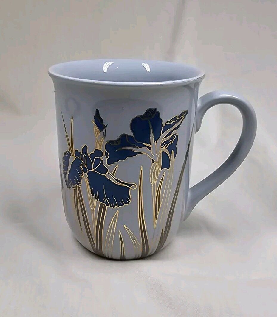 Hand-Painted Coffee Mug VTG Otagiri Blue Royal Iris Flowers Gift Friend 