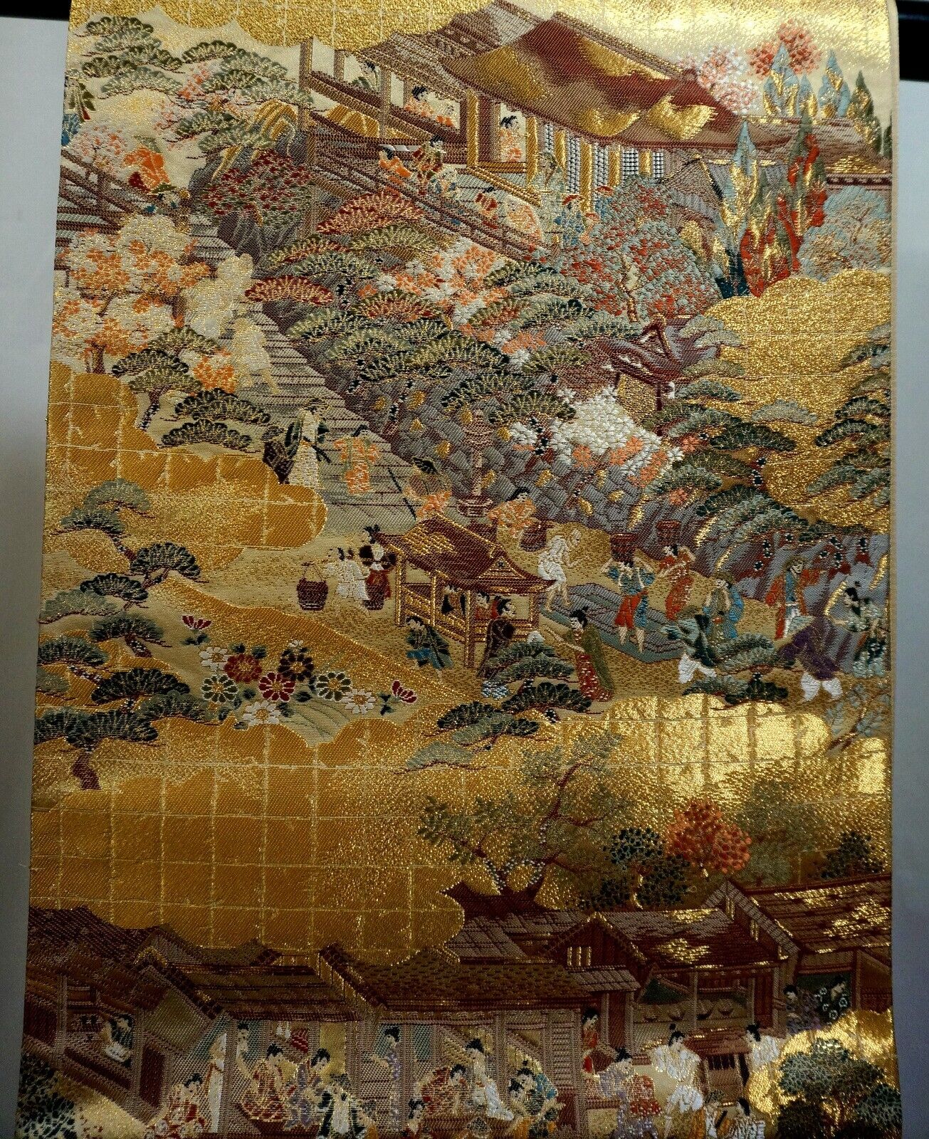 Japanese Kimono, SILK Fukuro OBI,Rokutu,Rakucyu Rakugai,Gld thread,L14' 4