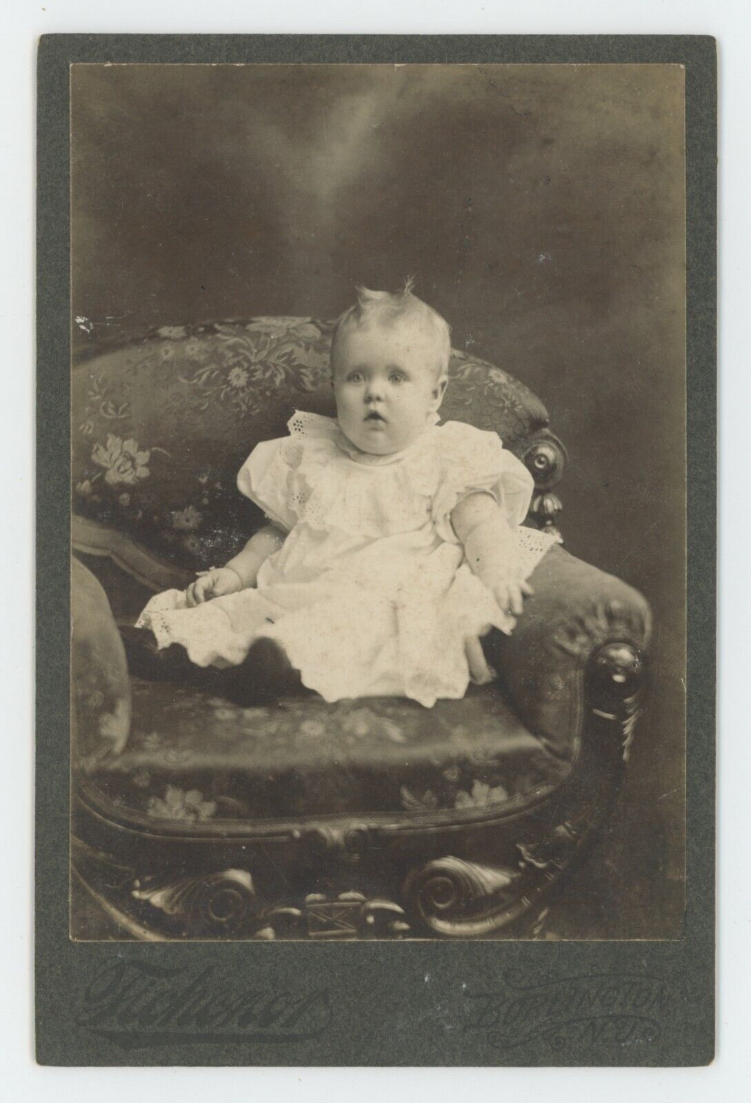 Antique Circa 1880s Cabinet Card Adorable Little Baby in White Burlington, NJ