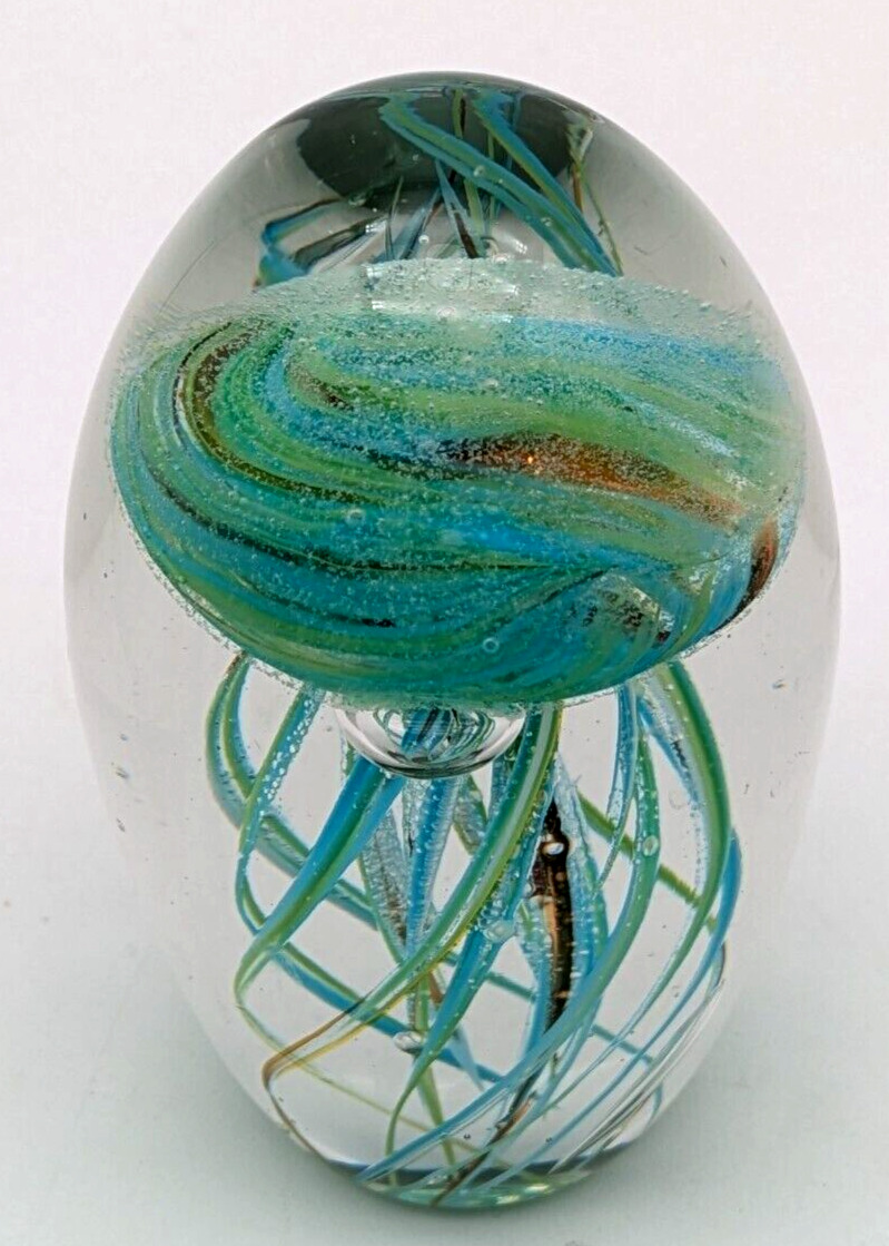 Hand Blown Art Glass Glow In The Dark Jellyfish Paperweight Iridescent