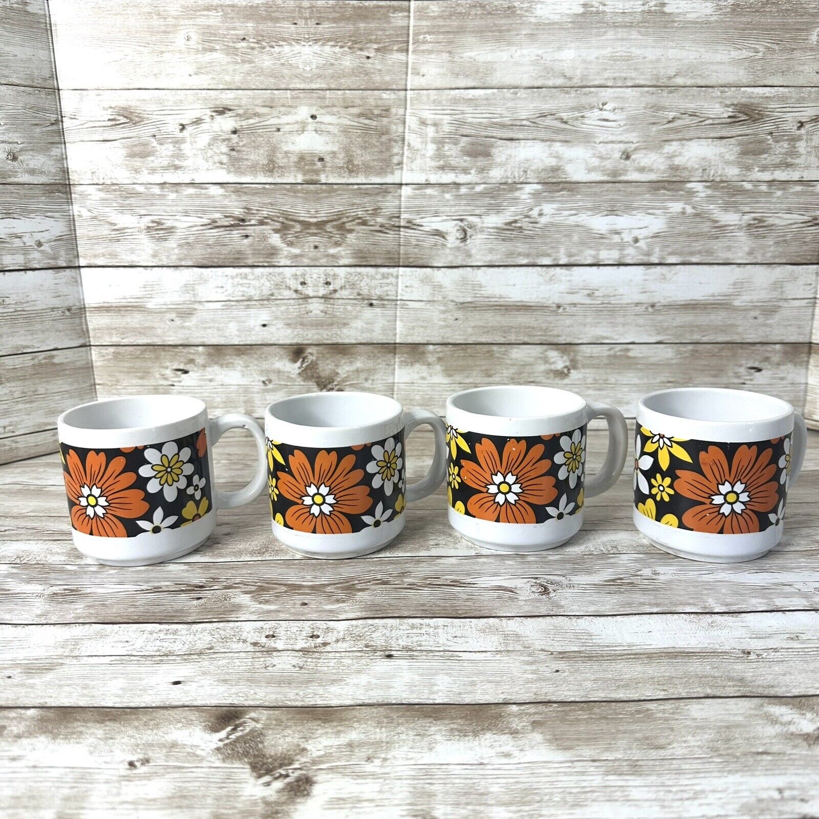 Vintage 70’s Flower Coffee Cups—Brown, Yellow And Orange Colors  (4)