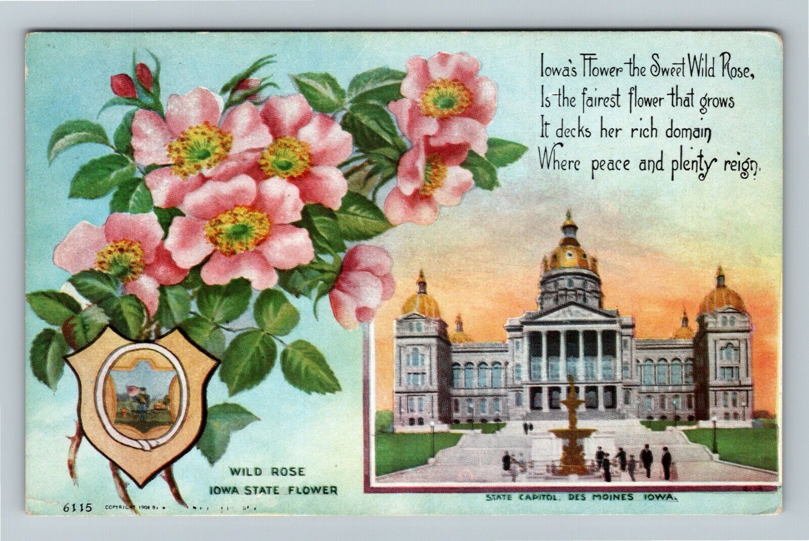 Des Moines Iowa, STATE CAPITOL, WILD ROSE STATE FLOWER, c1910 Vintage Postcard