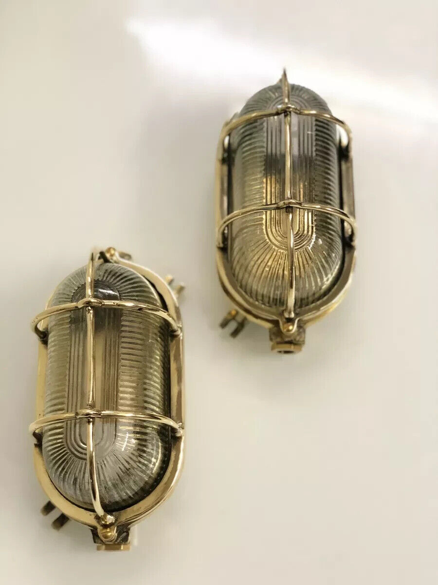 Nautical Brass Bulkhead Oval Ship Light Fixture Marine Style 2 Pieces