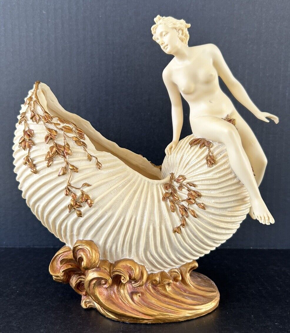 Art Nouveau Nude Woman Figure Sculptural Shell Bowl Hand Painted Ivory Gold