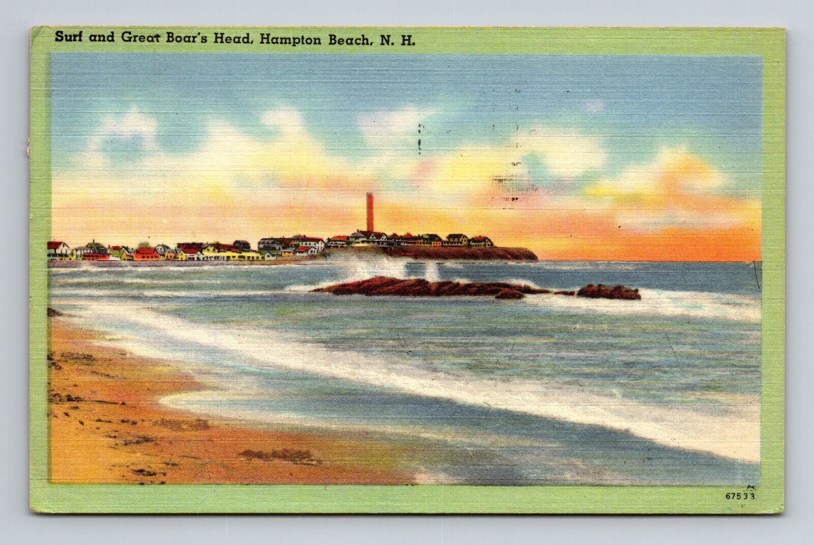 Surf Great & Boars Head Hampton Beach NH New Hampshire Linen Postcard Tichnor