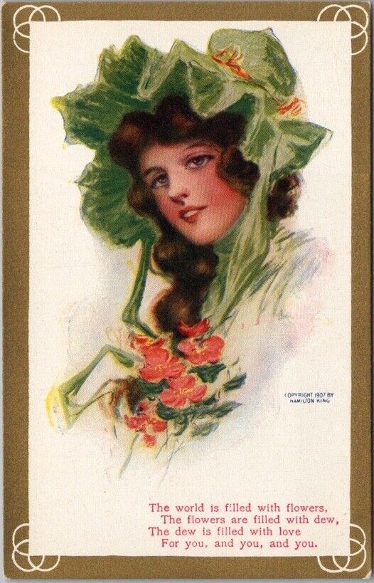 Vintage 1907 Artist-Signed HAMILTON KING Postcard Pretty Lady in Bonnet - UNUSED