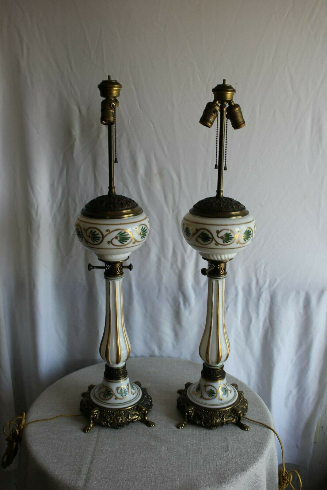 Pair of Regency Style Gilded & Painted Porcelain & Brass Lamps