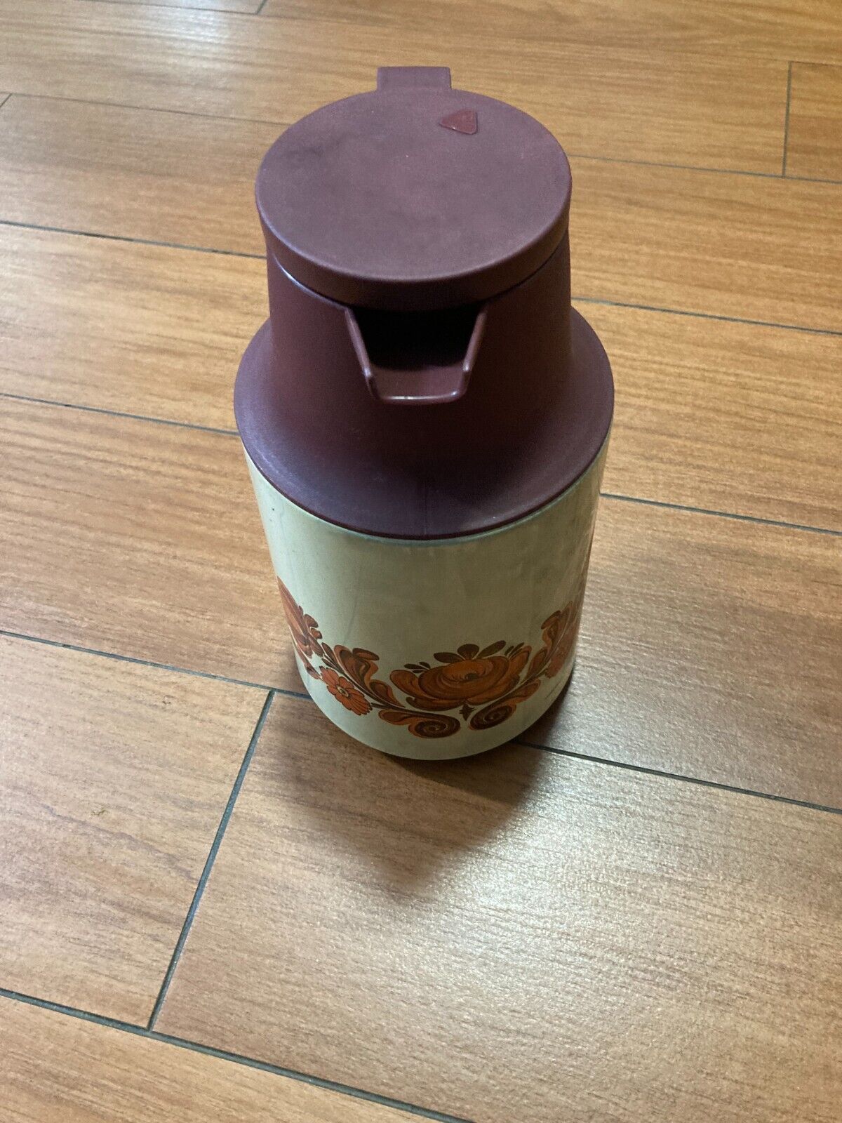 Vintage 10in Insulated Thermos Burgundy With A Floral Design-385494434641
