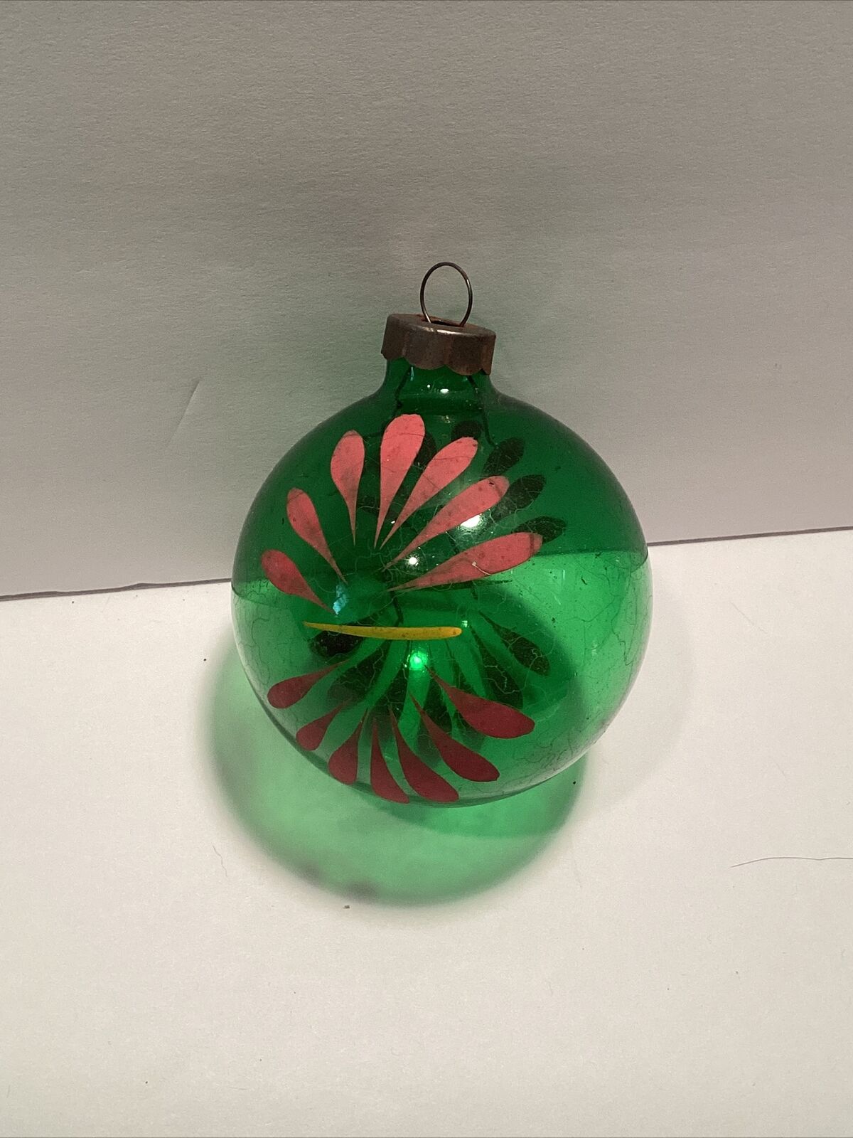 Vintage WWII Era Green  Unsilvered Glass Christmas Ornament Hand Painted