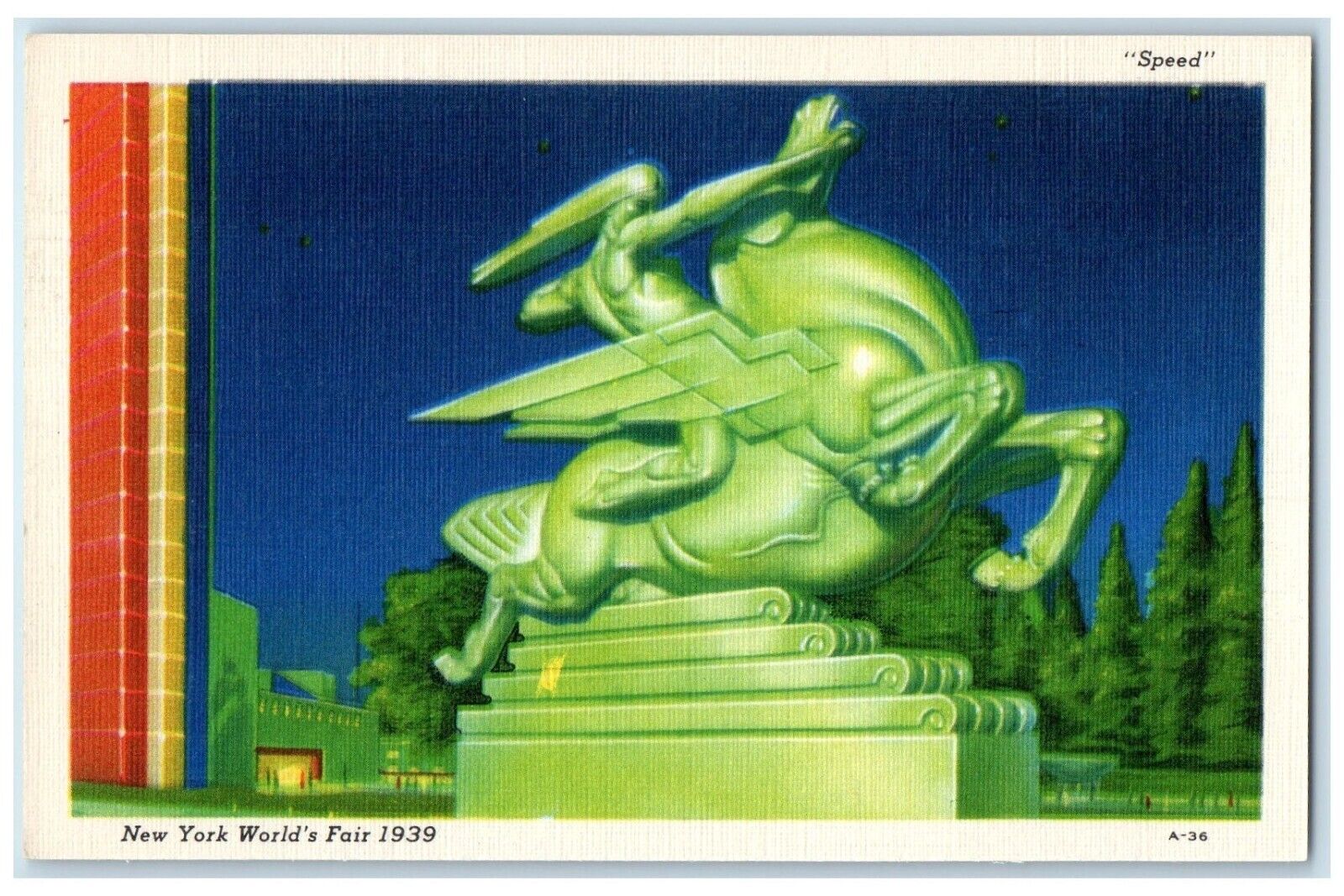 1939 New York World's Fair Speed Statue Front Of Court Communications Postcard