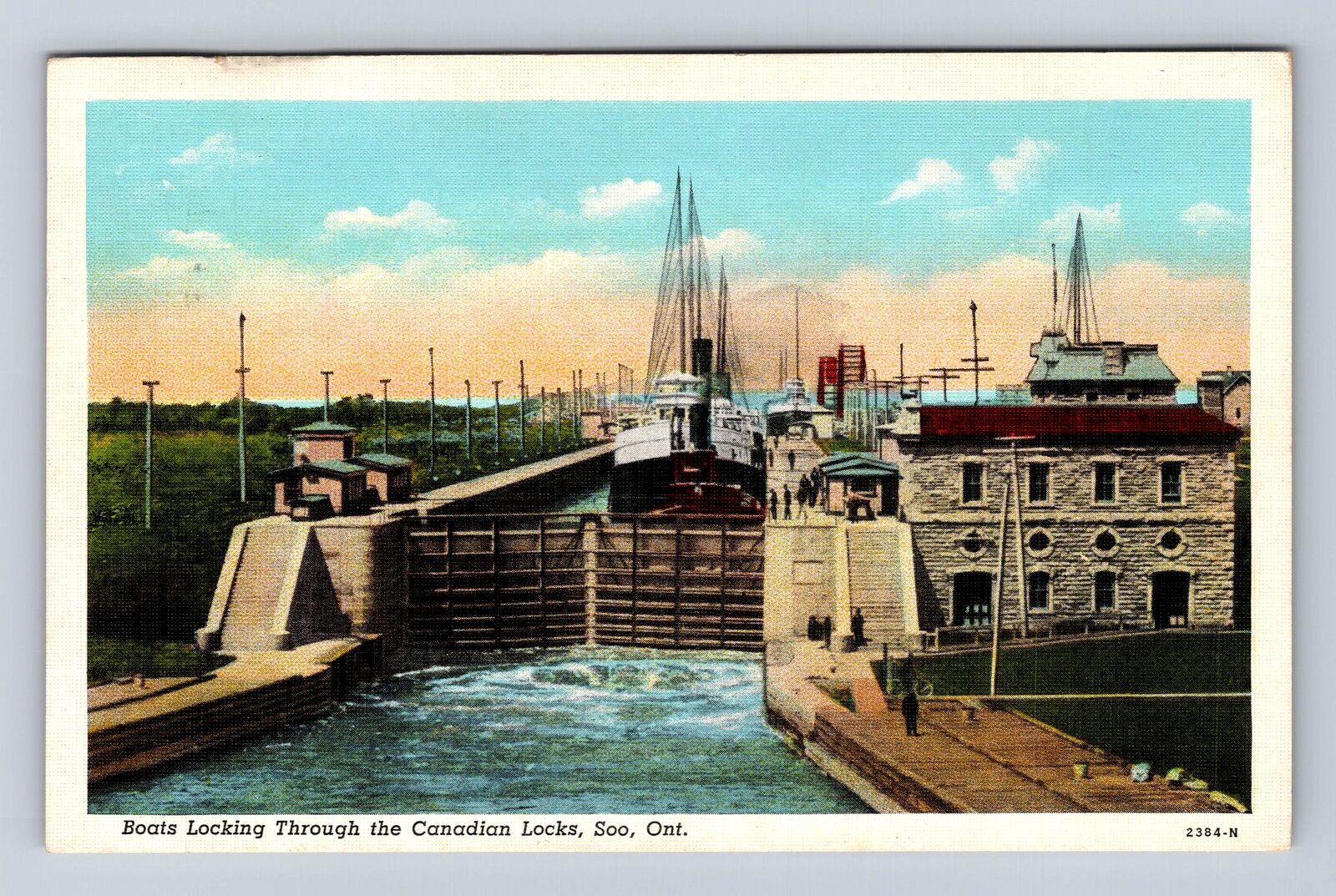 Soo Ontario Canada, Boats Passing Thru Canadian Locks, c1943 Vintage Postcard