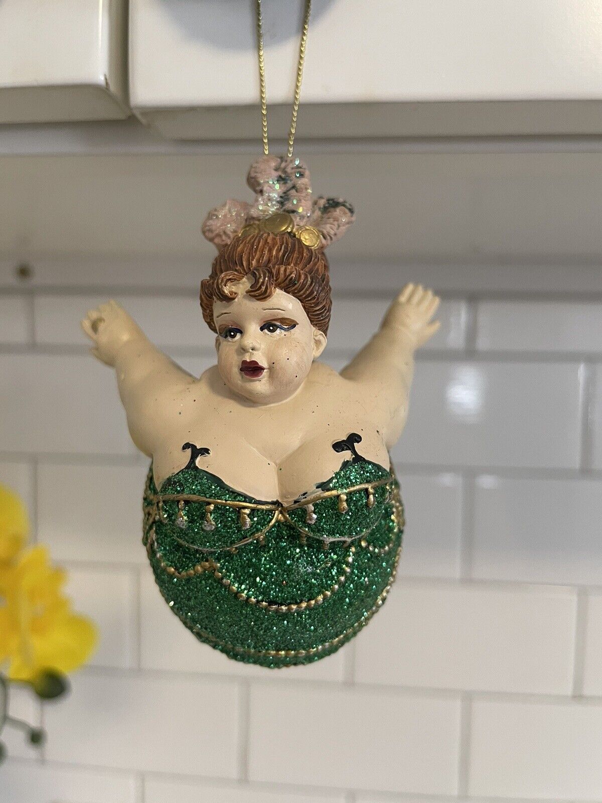 Vintage Katherine's Collection Chubby Mermaid Green Glitter Christmas Ornament