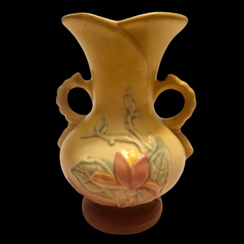 Vintage Hull Art Pottery Floral Magnolia Vase Double Handled Pink Yellow 6.5
