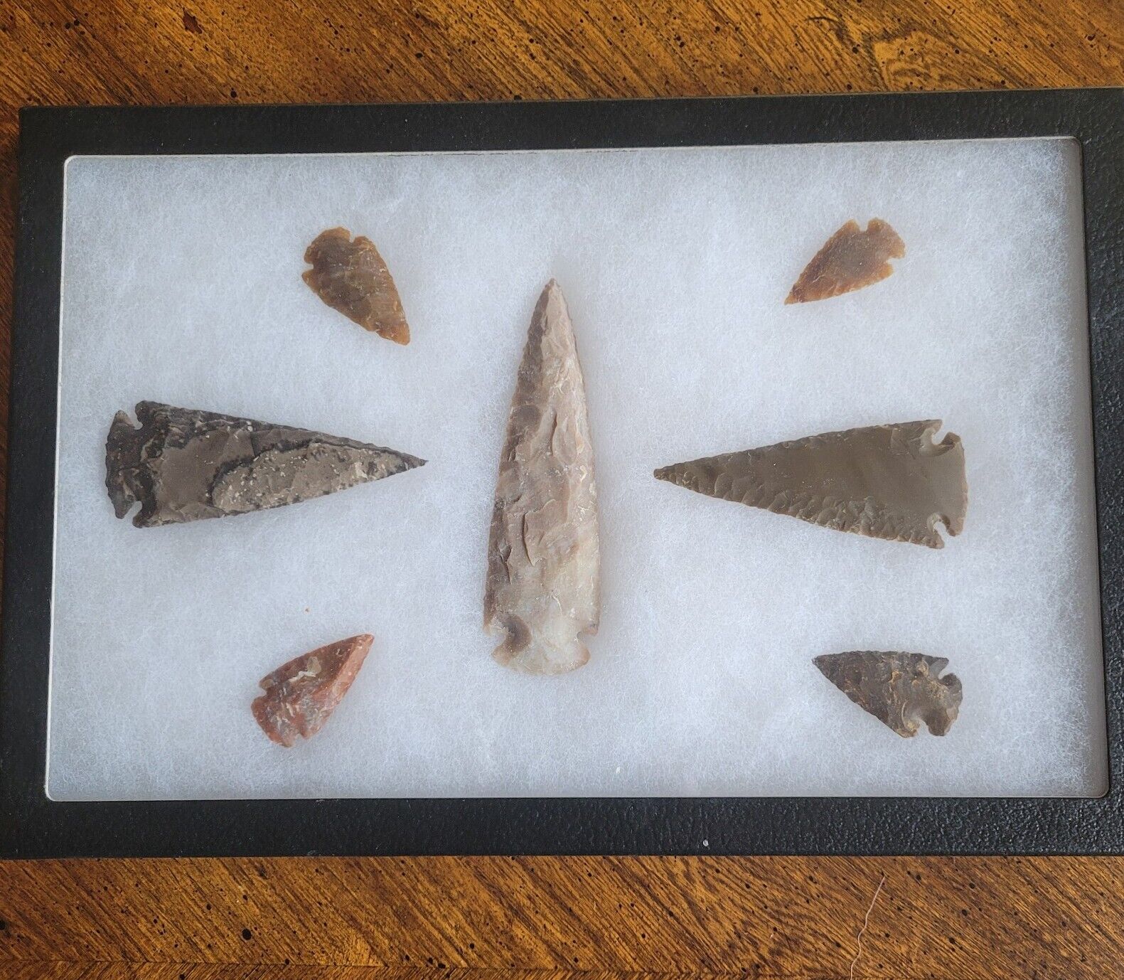 Group of 7 Reproduction Native American Arrowheads in Display Case
