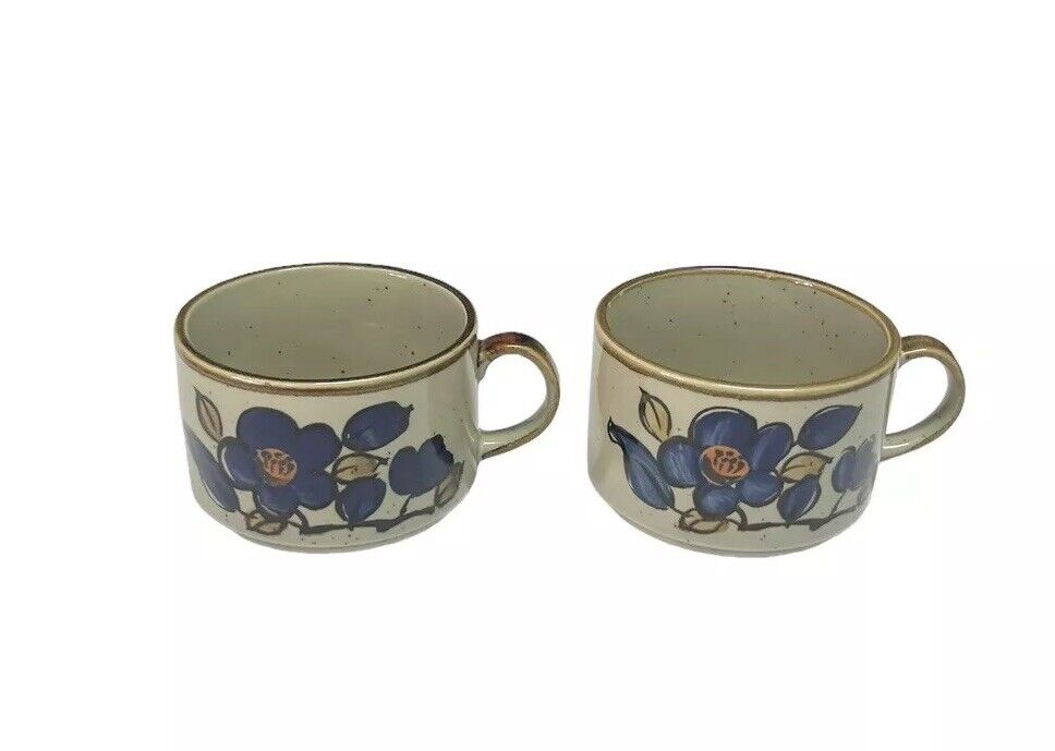 Lot 2 Otagiri Hand Painted Soup Coffee Mug 16oz Large Vintage Gray Blue Floral