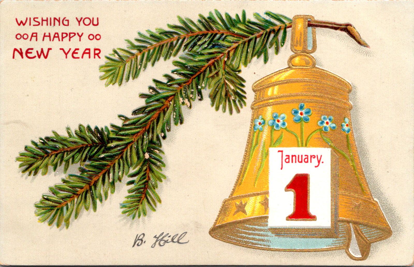 Vintage C 1910 Wishing You A Happy New Year January 1 Bell On Evergreen Postcard