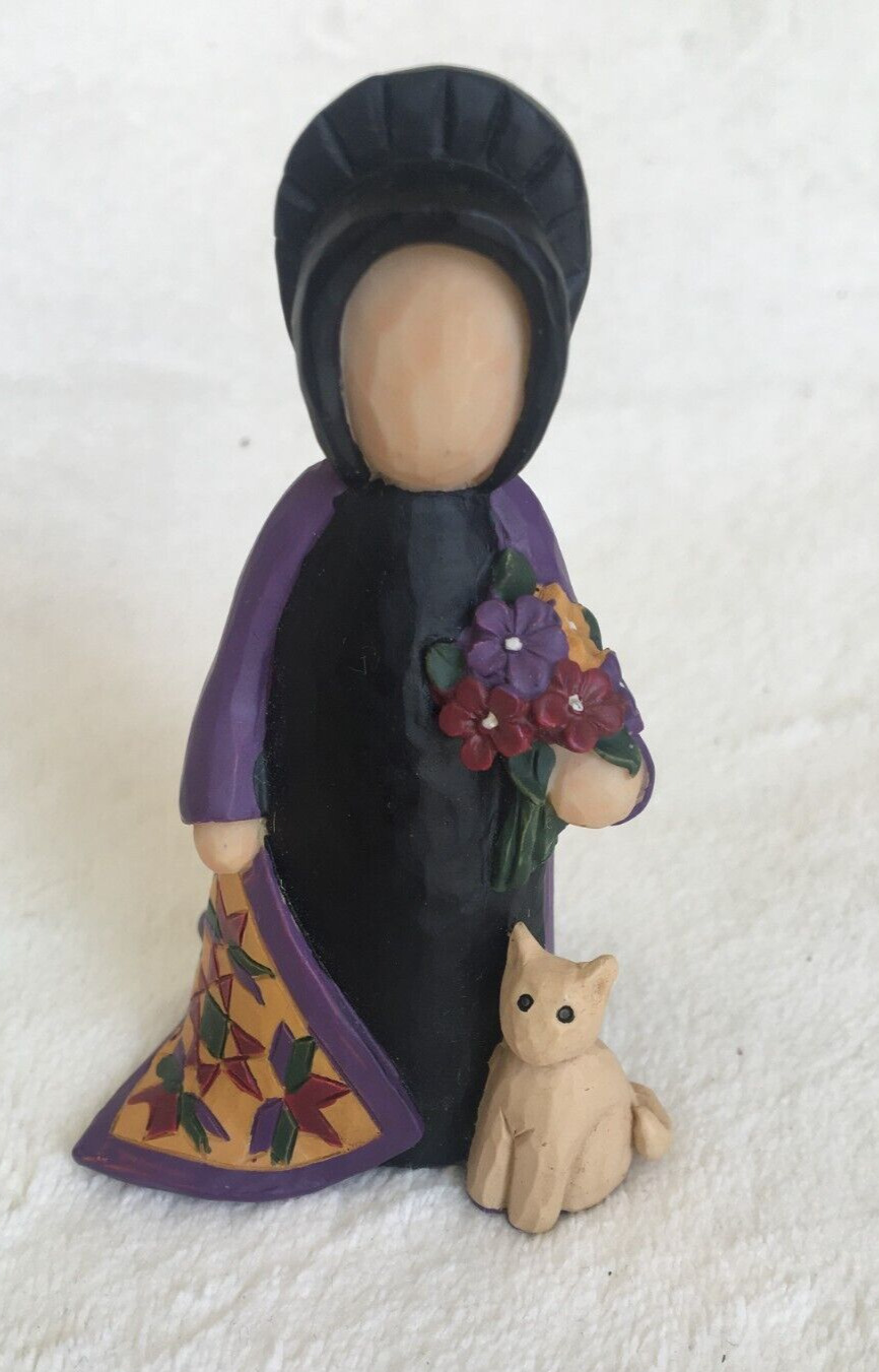 Amish Woman Figurine W/ Cat Quilt Flowers Blossom Bucket Esther O'Hara 2012