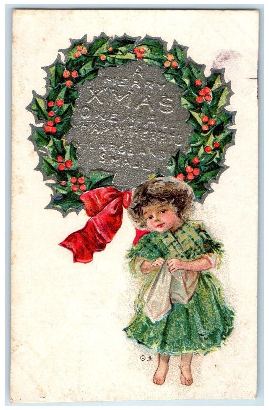 c1910\'s Christmas Little Girl Whreat Embossed Unposted Antique Postcard