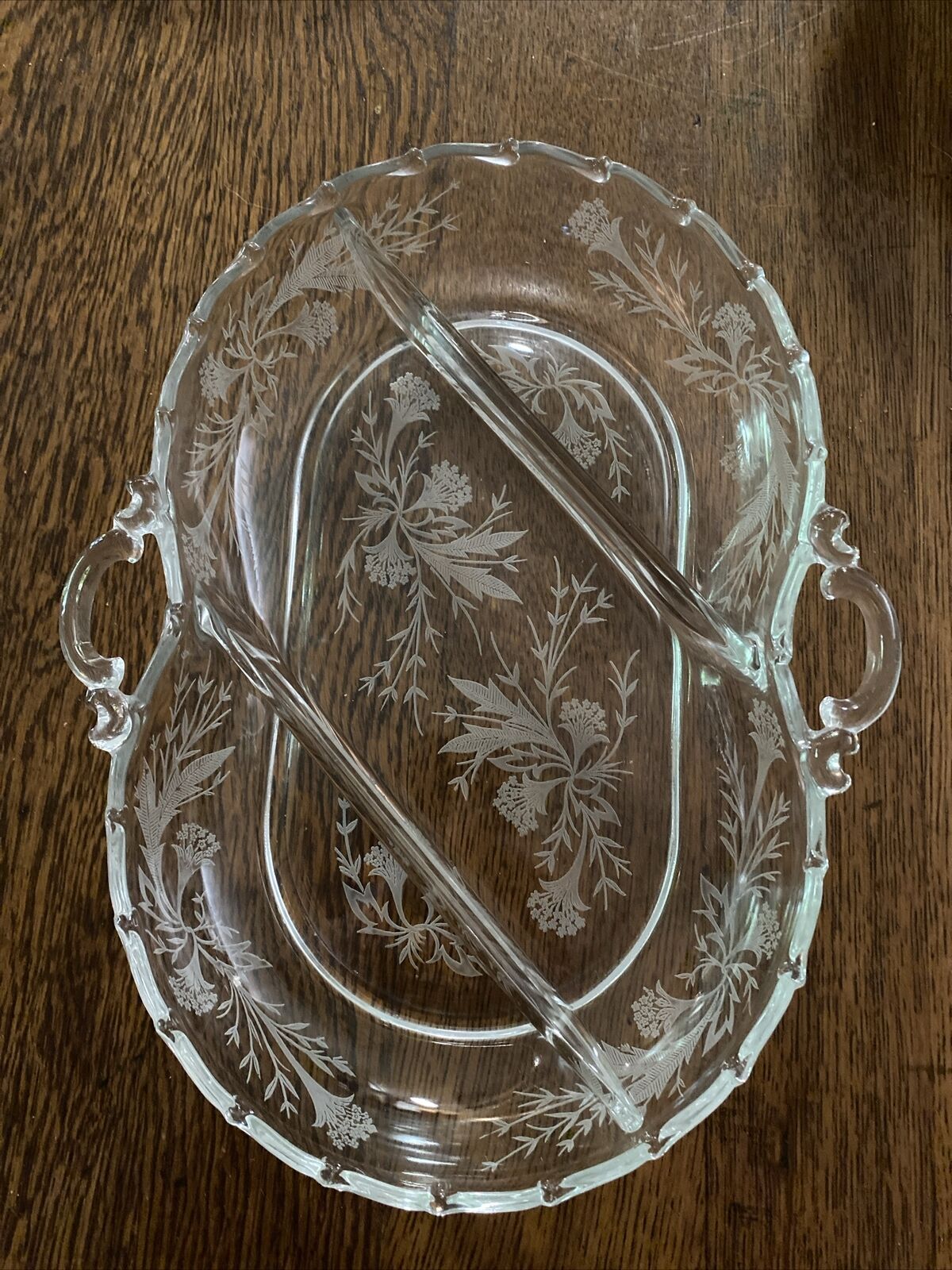 Fostoria Heather 3 Part Divided Relish Tray Dish Etched Flowers Glass w/ Handles