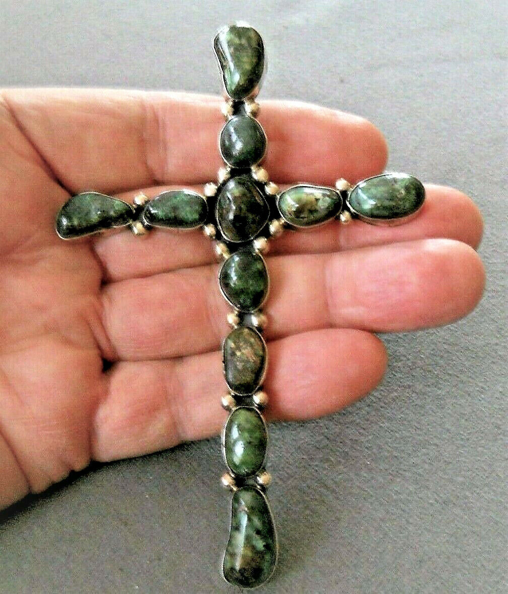 HUGE Native American Dark Green Turquoise Cluster Sterling Silver Cross Pendant