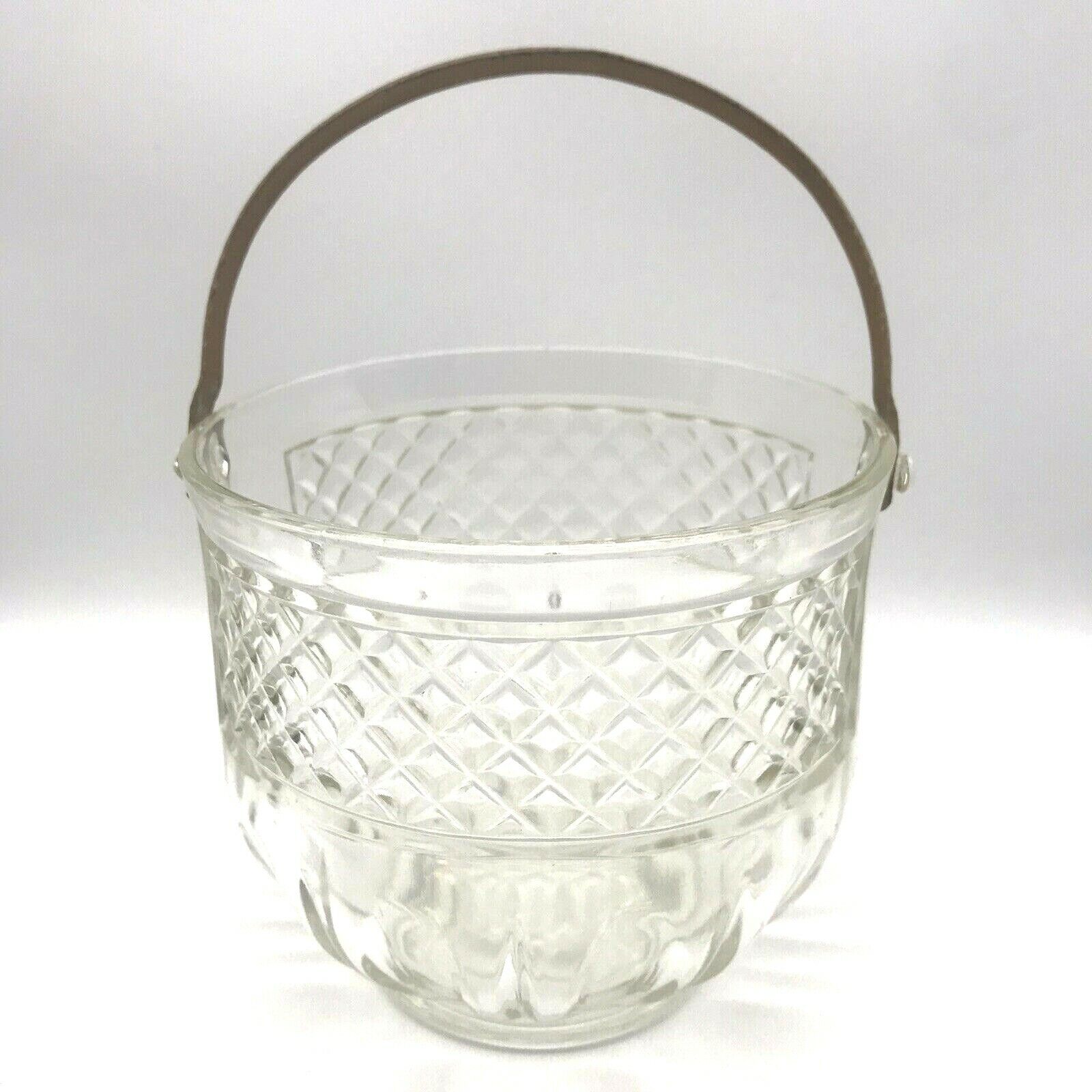 Vtg Clear Glass Ice Champagne Bucket Diamond Pattern Hammered Brass Metal Handle