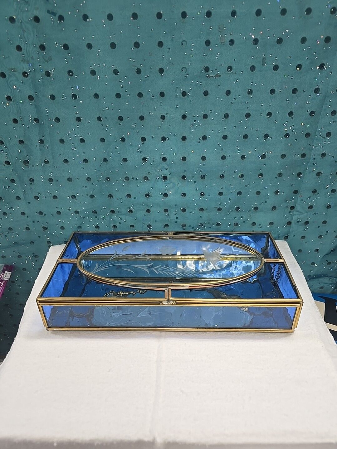 Vintage Tinted Blue Glass Brass Mirror Etched Bird & Flower Trinket Box, 9.5
