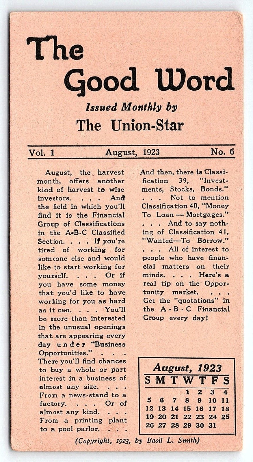 1923 THE UNION-STAR NEWSPAPER THE GOOD WORD AUGUST ADVERTISING INK BLOTTER Z1468