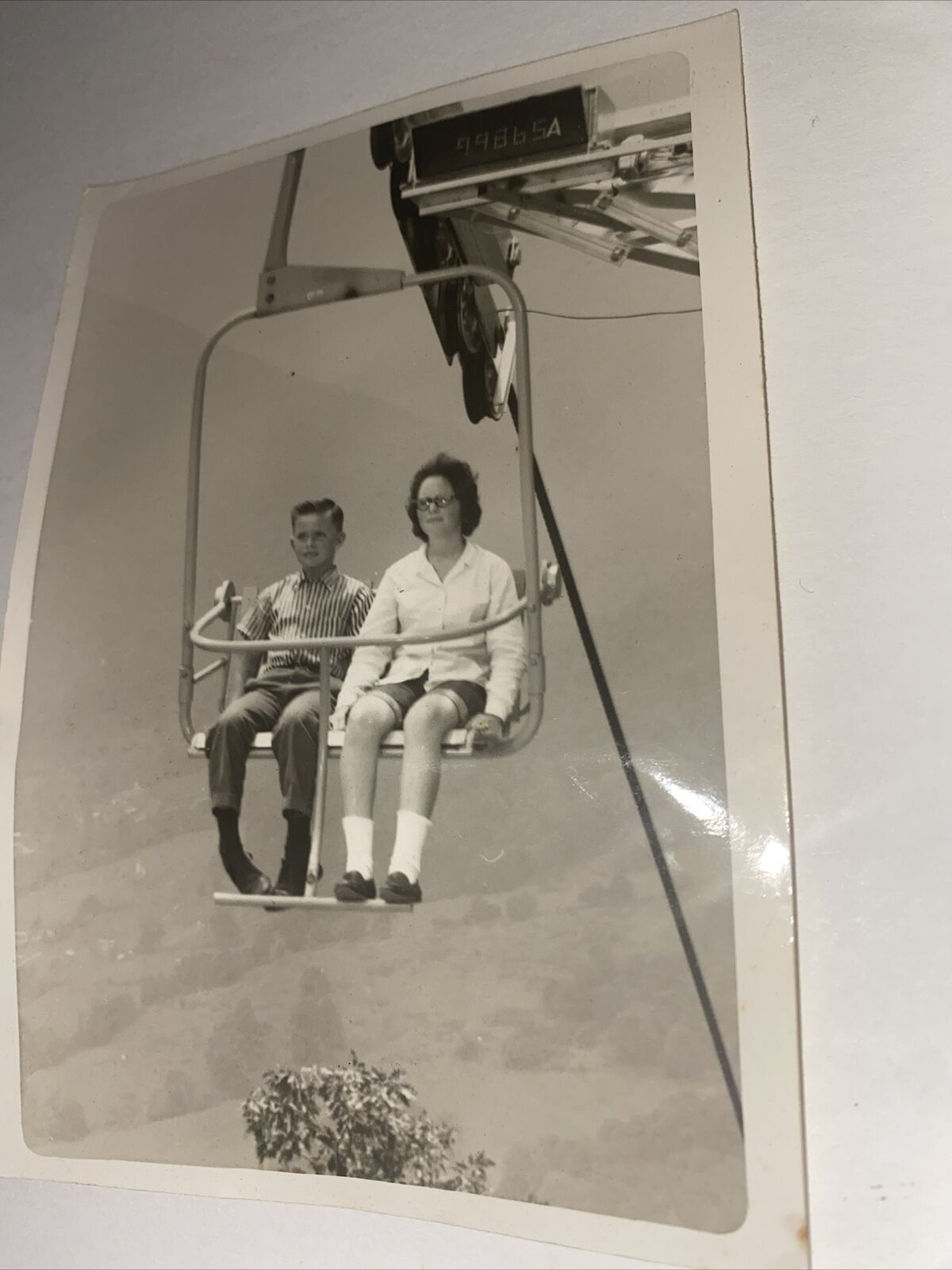 Vintage B&W Photograph Mother and Son on Chairlift Mountains