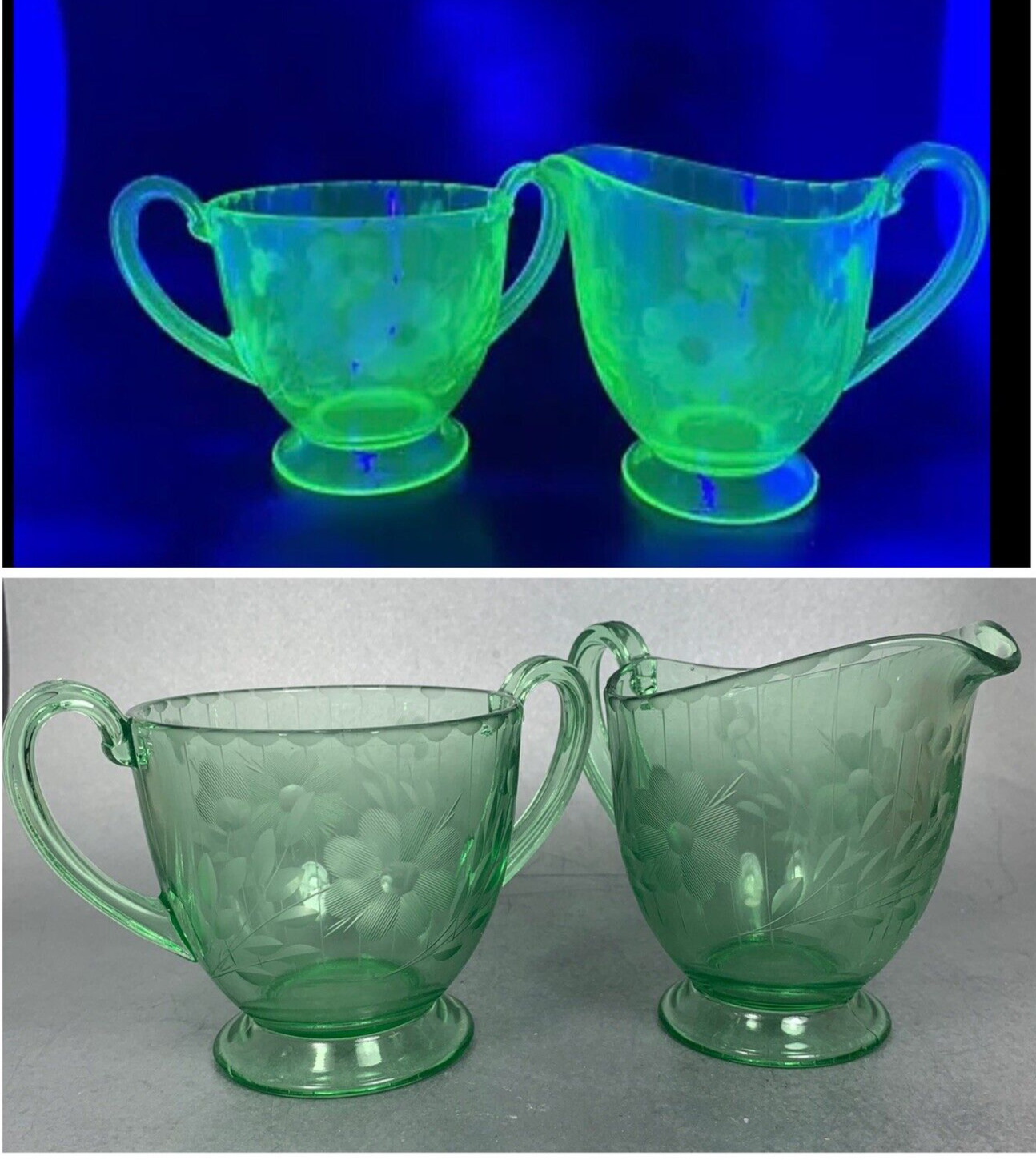 Green Depression Glass Uranium Creamer & Sugar Bowl Floral Etched Vintage 2
