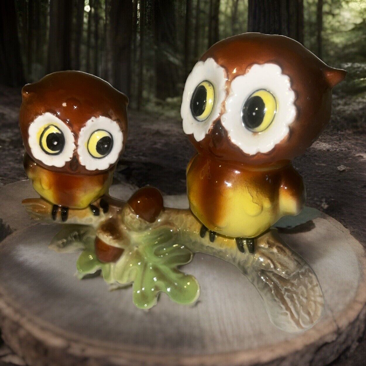 Vintage Norcrest Two Big Eyed Owls On A Branch with Acorns Figurine Japan Kitsch