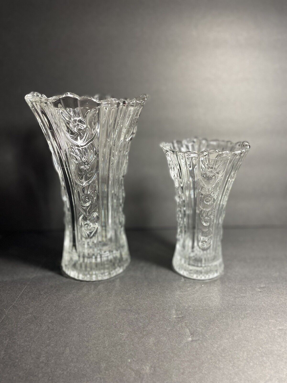 Vintage Elena Borgonova Set of 2 gorgeous rose emboss Italian heavy crystal vase