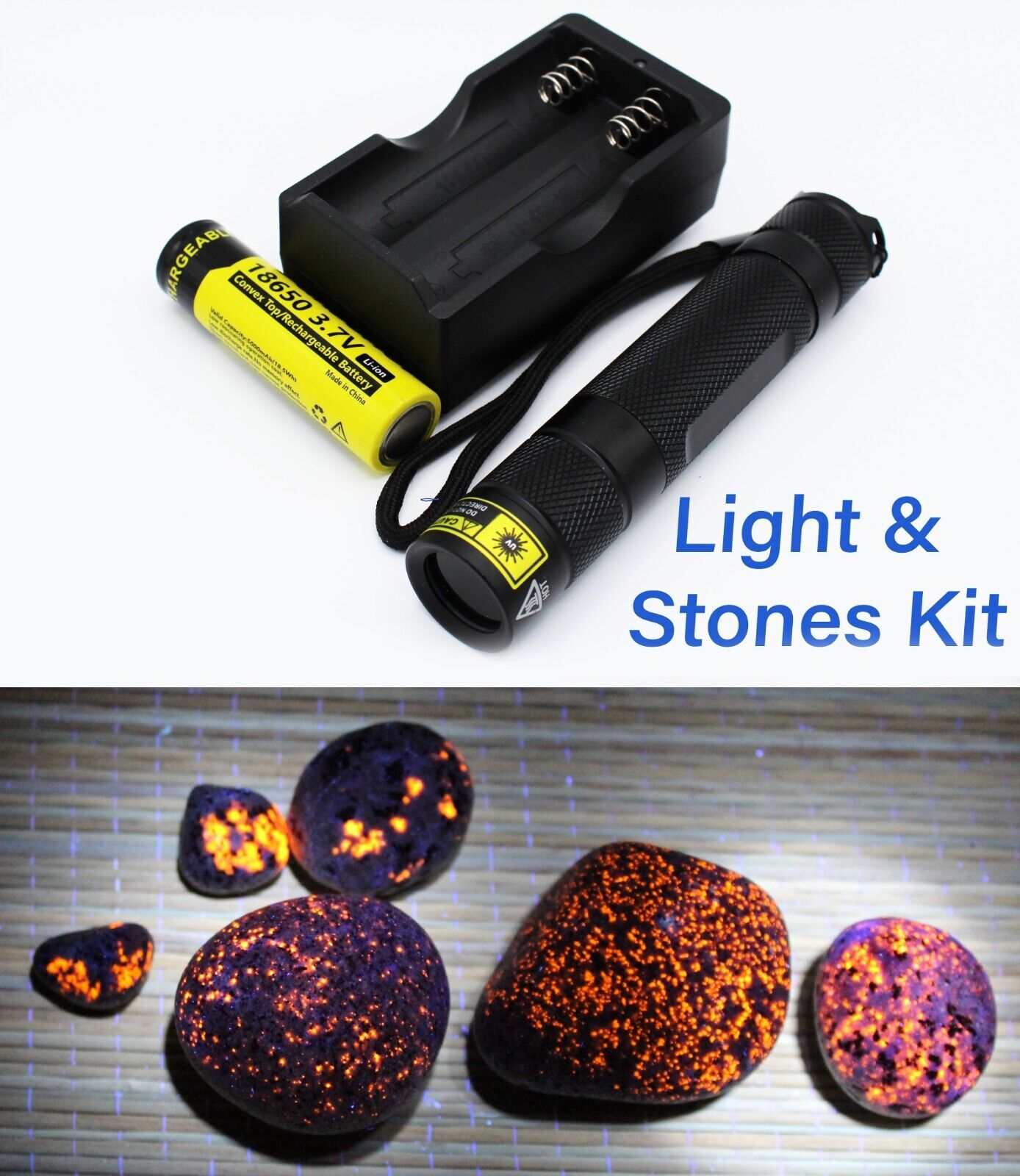 Yooperlite & UV Flashlight Kit Set Lake Superior Stones Fluorescent Sodalite A3