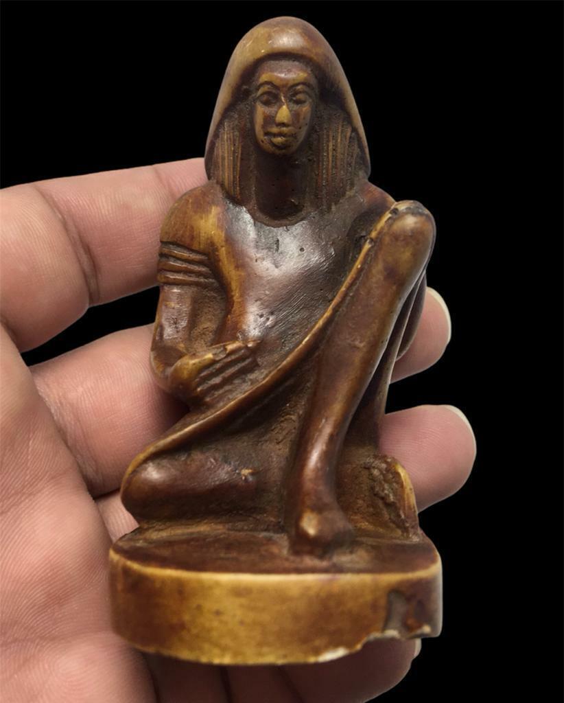  Antique Small Stone Statue Brown Ancient Sitting Hieroglyphic Writer handCarved