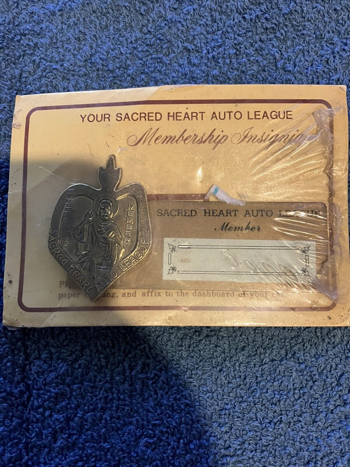 Vintage Sacred Heart Auto League Membership Medal New Old Stock NOS w Cardboard