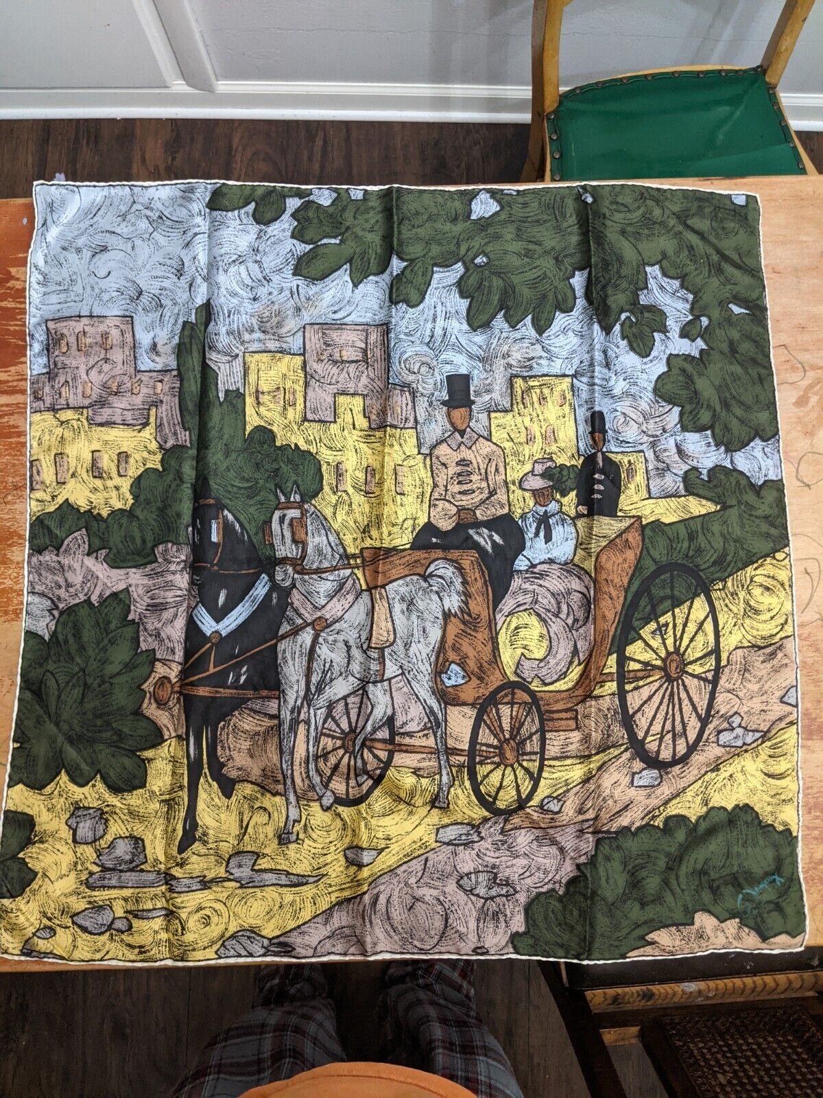 Vintage Italian Tapestry Pure Silk Hand Printed And Rolled Horse And Carriage