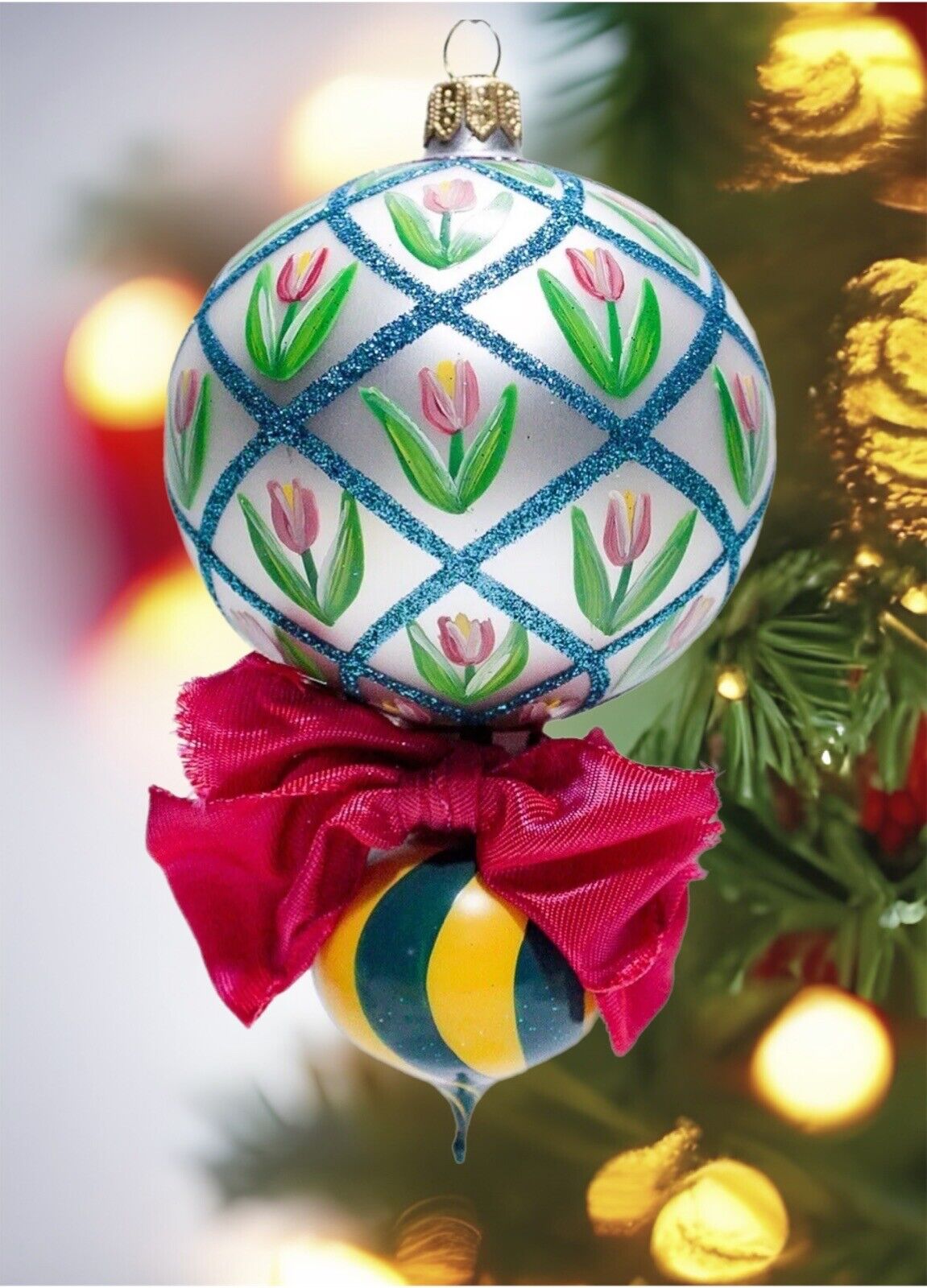 Rare Vtg MACKENZIE-CHILDS Double Ball Drop Tulip Flower Glass Christmas Ornament