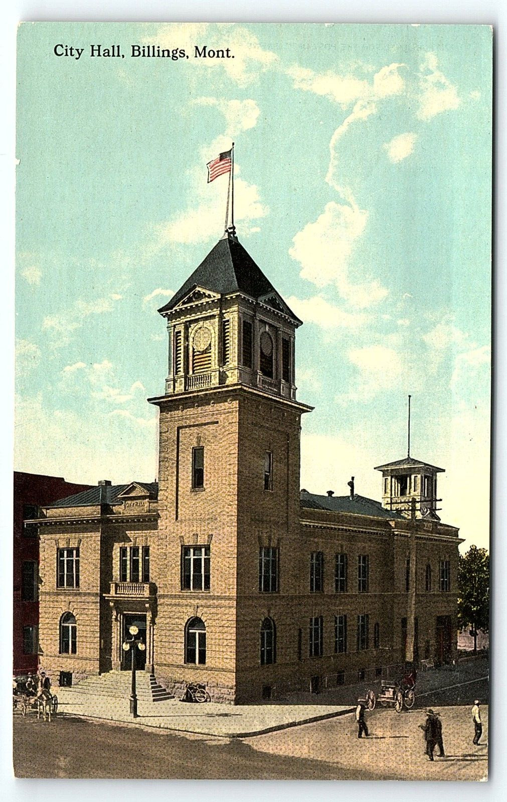c1910 BILLINGS MONTANA CITY HALL STREET VIEW CARRIAGES POSTCARD P1604