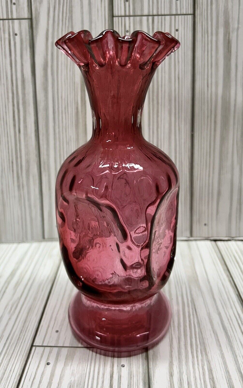 Vintage Fenton Reverse Coin Dot Ruffled Edge Pinched Cranberry Glass Vase 7