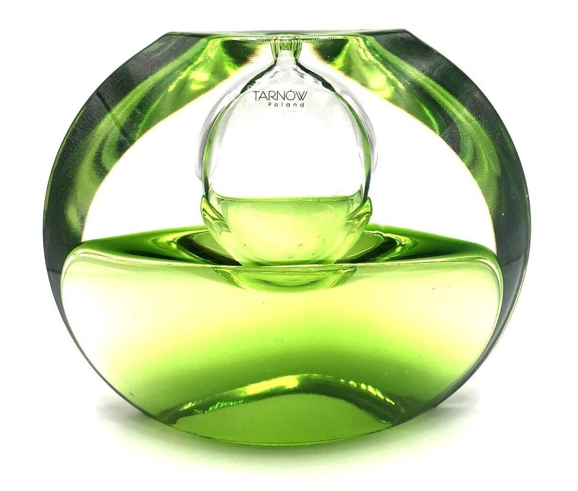 TARNOW POLAND OIL SCENT VASE EMERALD GREEN CRYSTAL GLASS ART TWO SIDE VASE HEAVY