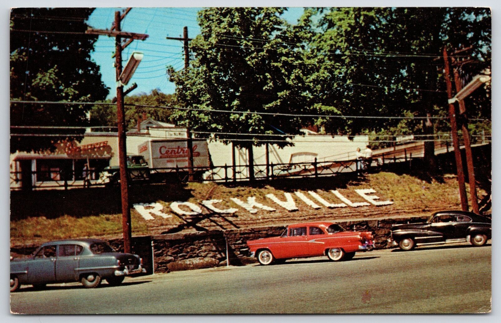 Vintage Postcard Car Parking Road Highway Center of City Rockville Connecticut