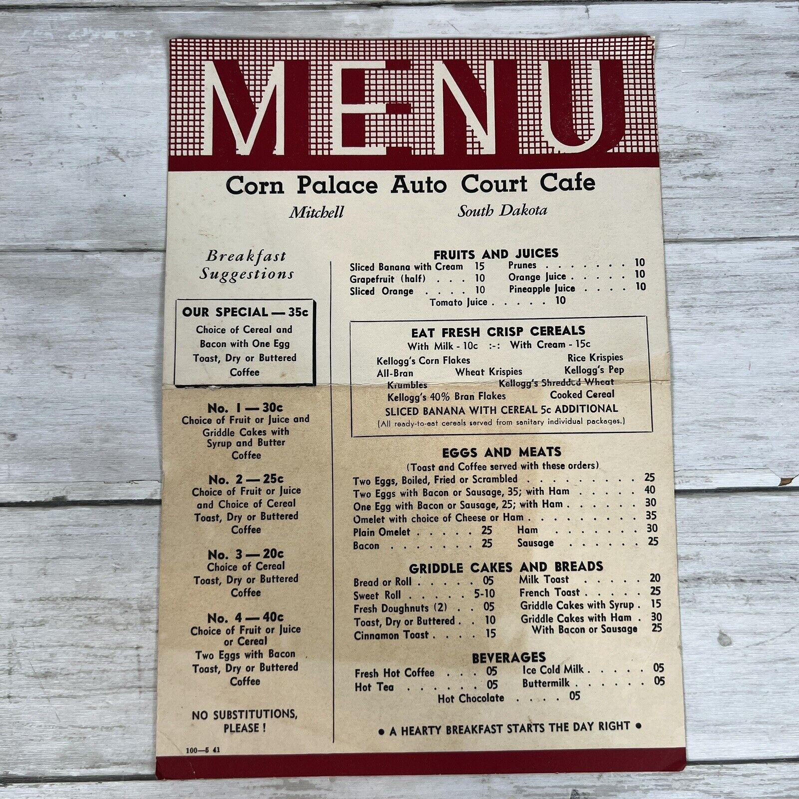Vintage Menu Corn Palace Auto Court Cafe Mitchell South Dakota Breakfast Menu