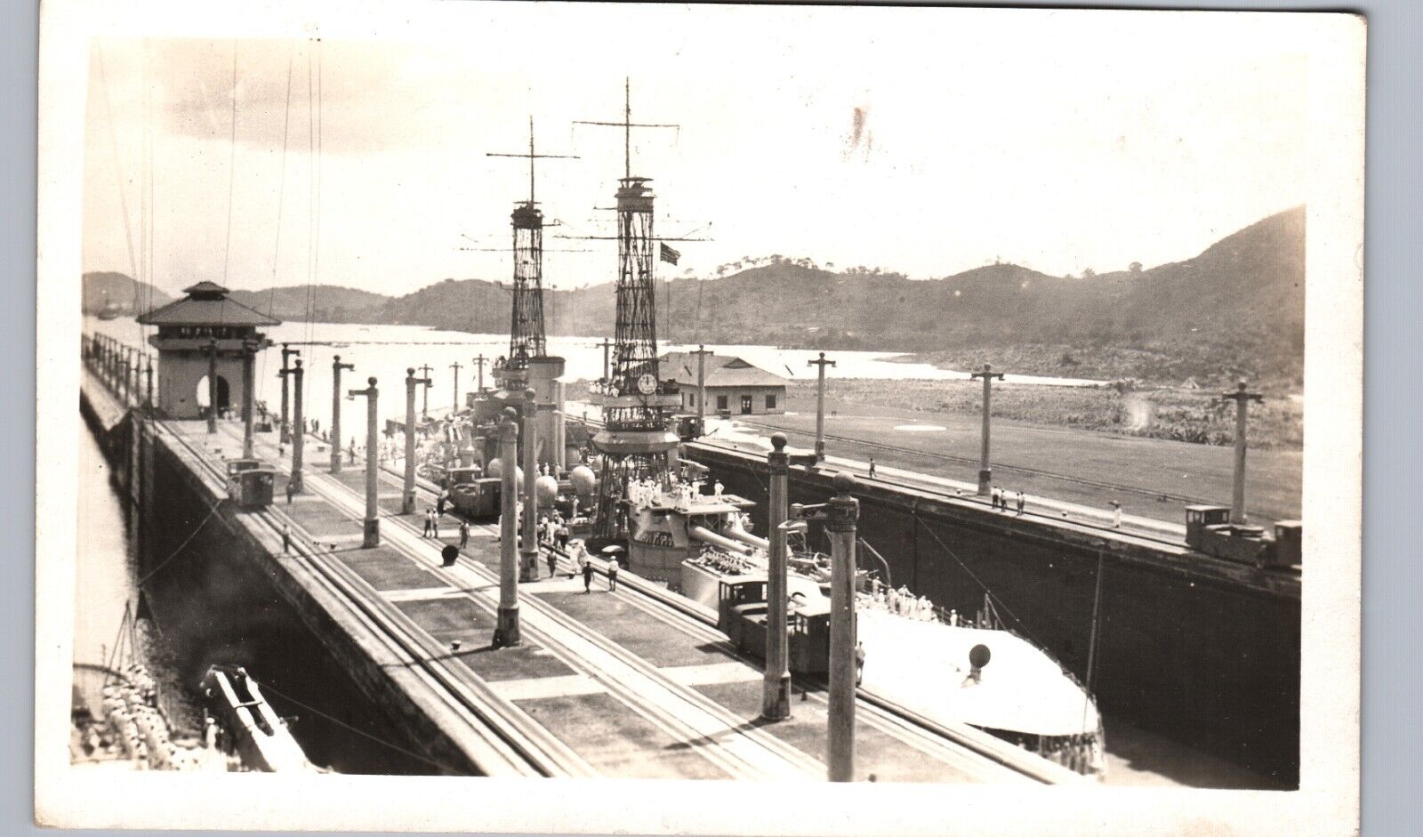 PEDRO MIGUEL LOCKS us navy battleship panama canal real photo postcard rppc