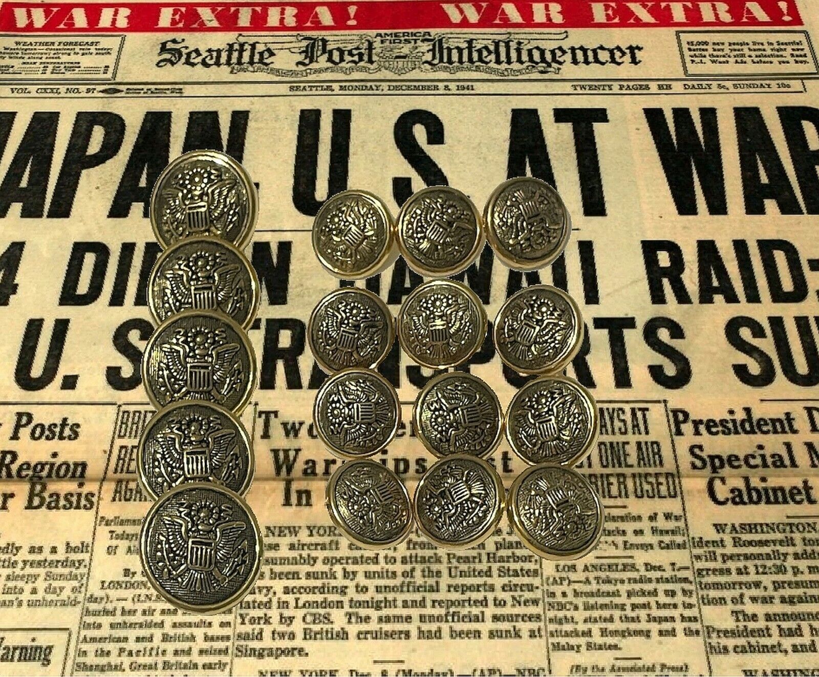 Vintage Military buttons like Brass for Coat, Blazer Buttons. Set of 17