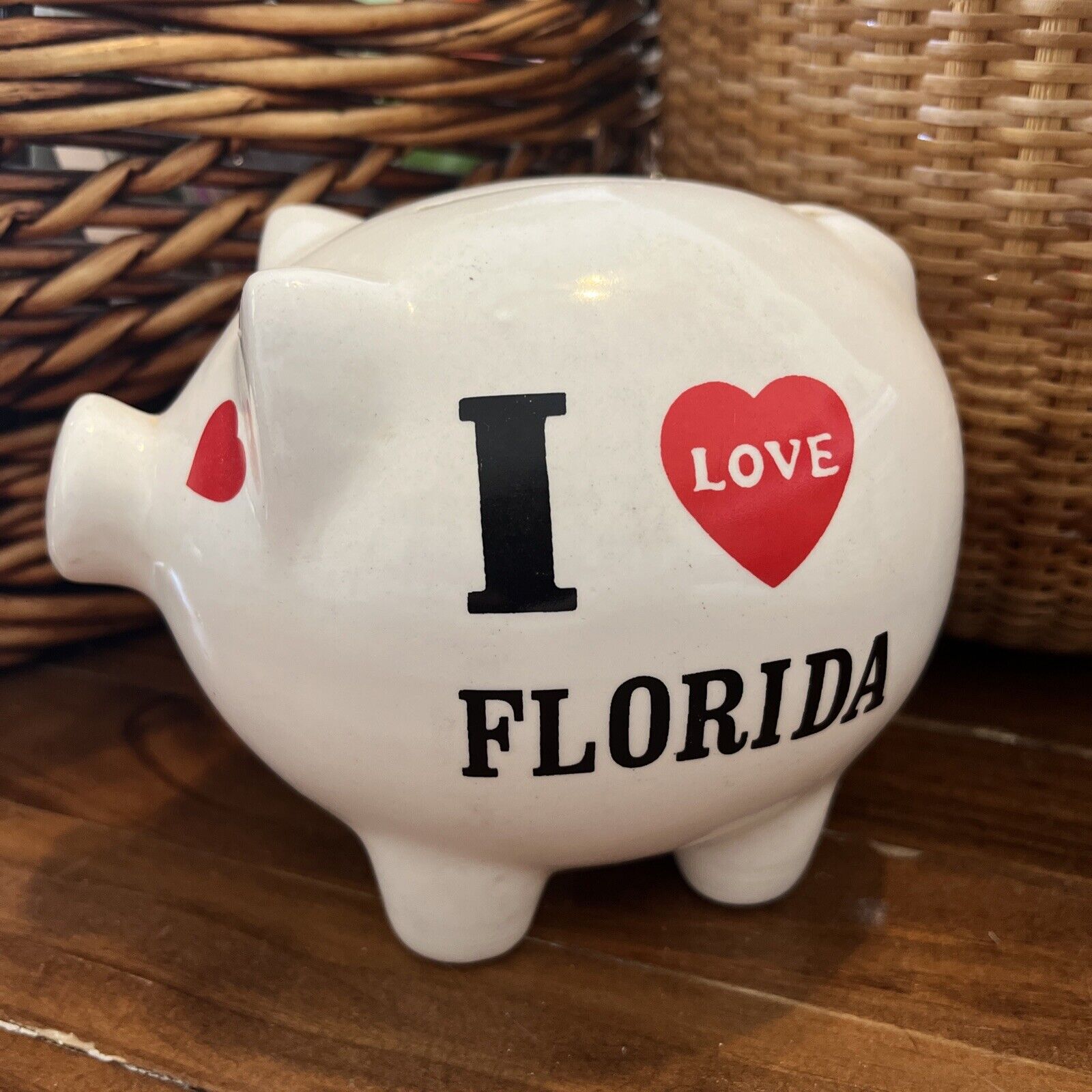 VTG Florida Souvenir Piggy Bank I LOVE FLORIDA White Red Hearts Ceramic Travel 
