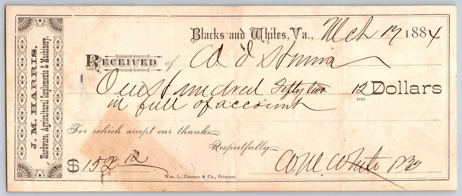 Blacks and Whites, VA (Blackstone) 1884 J.M Harris Bank Check - Very Scarce